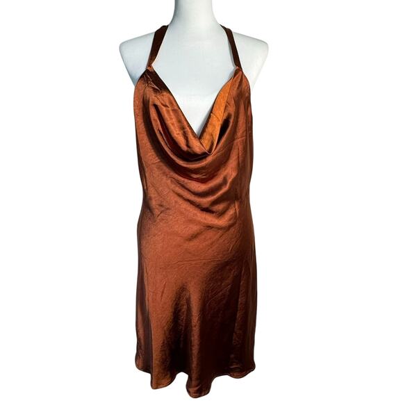 ALTAR'D STATE NWT Women's Medium Copper Halter Backless Shiny Silky Mini Dress - Picture 2 of 9